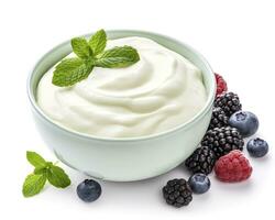 AI generated Green bowl of greek yogurt and fresh berries isolated on white background. AI Generated photo