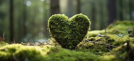 AI generated Closeup of wooden heart on moss. Natural burial grave in the woods. Generative AI photo
