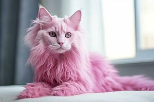 ai generado rosado de colores gato en rosado antecedentes. ai generado foto