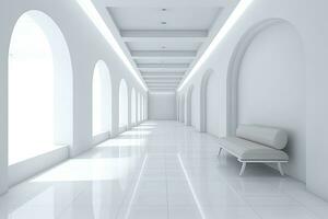 ai generado interior diseño de un moderno lujoso blanco edificio corredor o pasillo con esperando asiento. ai generado foto