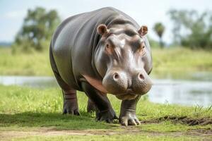 AI generated Hippopotamus Walking in a green field. AI Generated photo