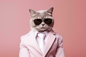 ai generado un gato es vistiendo Gafas de sol y traje en rosado antecedentes. ai generado foto