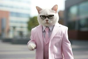 AI generated A cat is wearing sunglasses, suit and standing on street. AI Generated photo