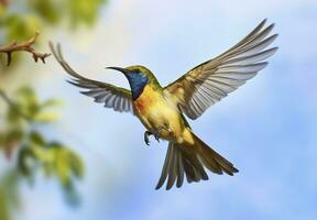 ai generado aceituna Respaldados pájaro sol, amarillo vientre Sunbird volador en el brillante cielo. generativo ai foto