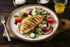 AI generated Seared chicken breast and Greek salad on a wooden table. Generative AI photo