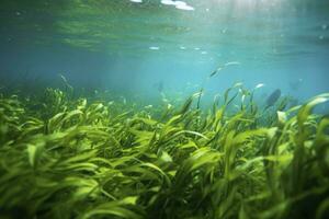 AI generated Underwater view of a group of seabed with green seagrass. AI Generated photo