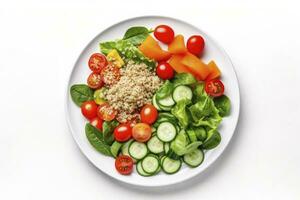 AI generated Salad with quinoa, spinach, broccoli, tomatoes, cucumbers and carrots. AI Generated photo