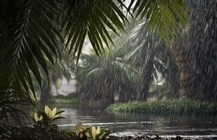 ai generado lluvia en el zona tropical durante el bajo temporada o monzón estación. gotas de lluvia en un jardín. generativo ai foto