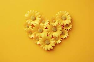 AI generated Yellow Heart Shaped By Yellow Daisies Over Yellow Background. AI Generated photo