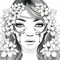 AI generated A girl on a coloring book page with Jasmine flowers. AI Generated photo