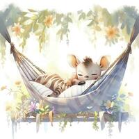 AI generated A sleepy baby zebra in a hammock. watercolor illustrations. AI Generated photo