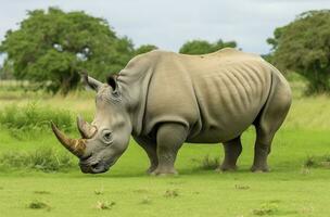 AI generated White Rhino grazing. AI Generated photo