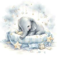 AI generated An elephant on a bed with stars and blankets around the circle. AI Generated photo