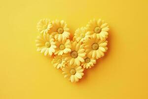 AI generated Yellow Heart Shaped By Yellow Daisies Over Yellow Background. AI Generated photo