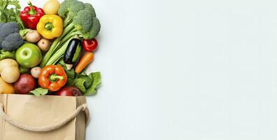 AI generated Healthy food in paper bag vegetables and fruits on white background. AI Generated photo
