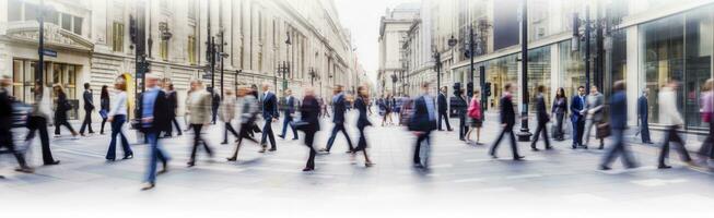 AI generated Walking people blur. Lots of people walk in the City of London. Wide panoramic view of people crossing the road. AI Generated photo