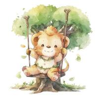 AI generated Cute and happy baby lion on swings on the tree in watercolor style. AI Generated photo