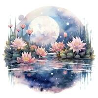 AI generated Floral Moon and Water Lilies on a white background. AI Generated photo