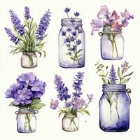 AI generated Collection of watercolor mason jars with purple flowers clipart. AI Generated photo