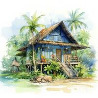 AI generated A watercolored bright serene image of a traditional bahay kubo. AI Generated photo