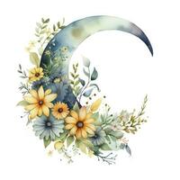 AI generated Watercolor floral Moon with greenery on a white background. AI Generated photo