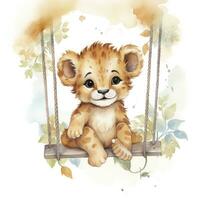 AI generated Cute happy baby lion on swings attached to the tree in watercolor style. AI Generated photo