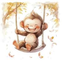 AI generated Cute happy baby monkey on swings on a tree in watercolor. AI Generated photo