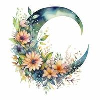 AI generated Watercolor floral Moon with greenery on a white background. AI Generated photo