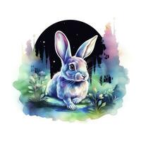 AI generated Watercolor Rabbit and Glowing Moon for T-shirt Design. AI Generated photo