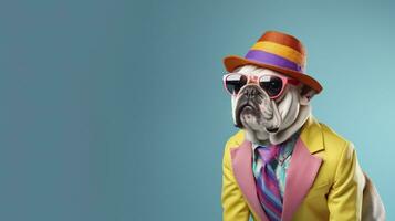 AI generated Cool looking bulldog wearing funky fashion dress. space for text right side. AI Generated photo