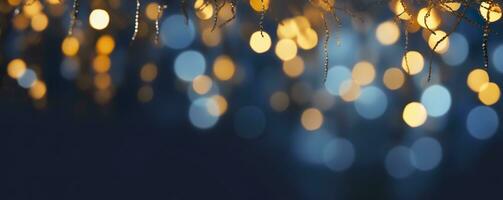 AI generated holiday illumination and decoration concept, Christmas garland bokeh lights over dark blue background. AI Generated photo