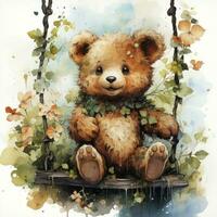 AI generated A cute happy teddy bear swings on a tree on a white background. AI Generated photo