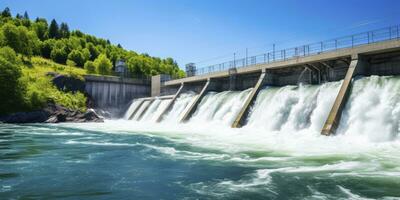 ai generado hidroeléctrico represa generando verde energía desde fluido agua. ai generado. foto