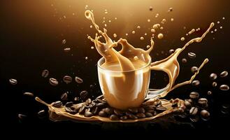 AI generated hot liquid coffee splash with Coffee Bean falling, 3d illustration. AI Generated photo