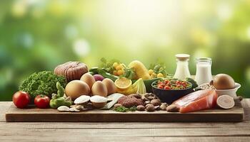 AI generated Closeup of vegetables, fruits, and meat on wooden table over green natural background. Generative AI photo