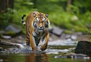 AI generated Amur tiger walking in the water. Dangerous animal.  Animal in a green forest stream. Generative AI photo