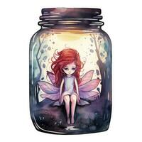 AI generated Watercolor Fantasy Pastel Goth Tiny Fairy in a Jar. AI Generated photo