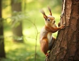 AI generated Beautiful squirrel on a tree in a forest park in the summer. Generative AI photo