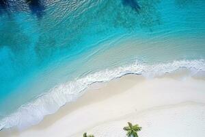 ai generado parte superior ver aéreo imagen desde zumbido de un maravilloso hermosa mar paisaje playa con turquesa agua con Copiar espacio foto