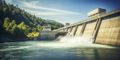 ai generado hidroeléctrico represa generando verde energía desde fluido agua. ai generado. foto