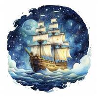 AI generated Night sea ship watercolor style for T-shirt design. AI Generated photo