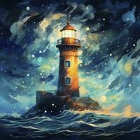 AI generated Lighthouse beside the sea at Night. watercolor for T-shirt design. AI Generated photo