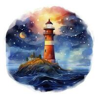 AI generated Lighthouse beside the sea at Night. watercolor for T-shirt design. AI Generated photo