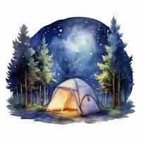 AI generated A Camping Tent in the forest with Night sky, watercolor for T-shirt Design. AI Generated photo