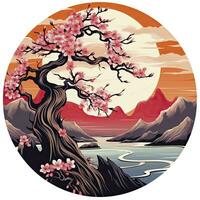 AI generated Cherry blossoms in the sunset background. Japanese tattoo style. AI Generated photo