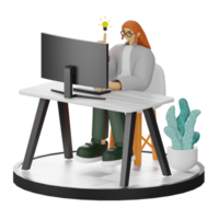 3D Illustration of a Teenage Female Programmer at the Computer Desk png