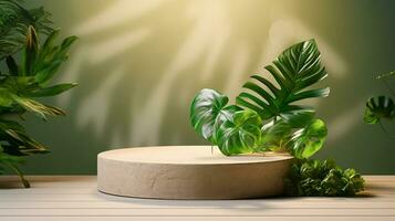AI generated 3d rendered abstract empty display podium with leaves Minimal scene for product display presentation photo
