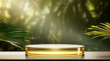 AI generated 3d rendered empty display elegant luxury black and gold theme podium with leaves Minimal scene for product display presentation photo