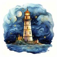 AI generated Lighthouse beside the sea at Night. watercolor for T-shirt design. AI Generated photo