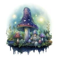 AI generated Watercolor Moonlit Glow of Enchanted Mushrooms for T-shirt Design. AI Generated photo